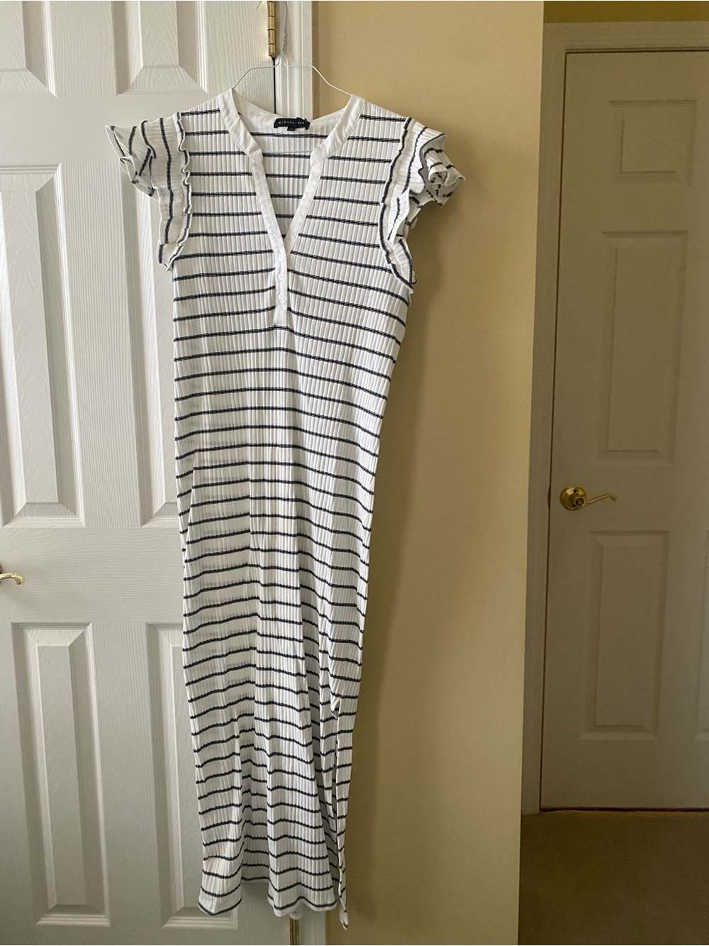 Striped White and Navy Maxi Dress with Ruffle Cap Sleeves